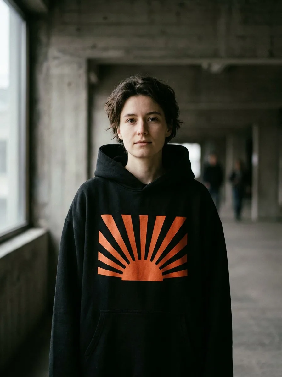 AI photoshoot: a model in a black hoodie with an orange sunrise print