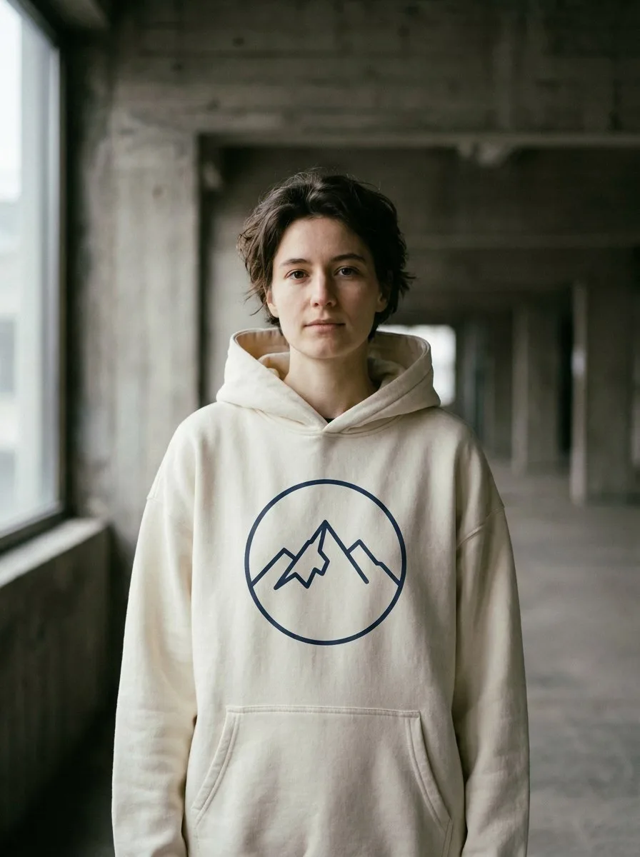 AI photoshoot: a model in a cream hoodie with a mountain logo