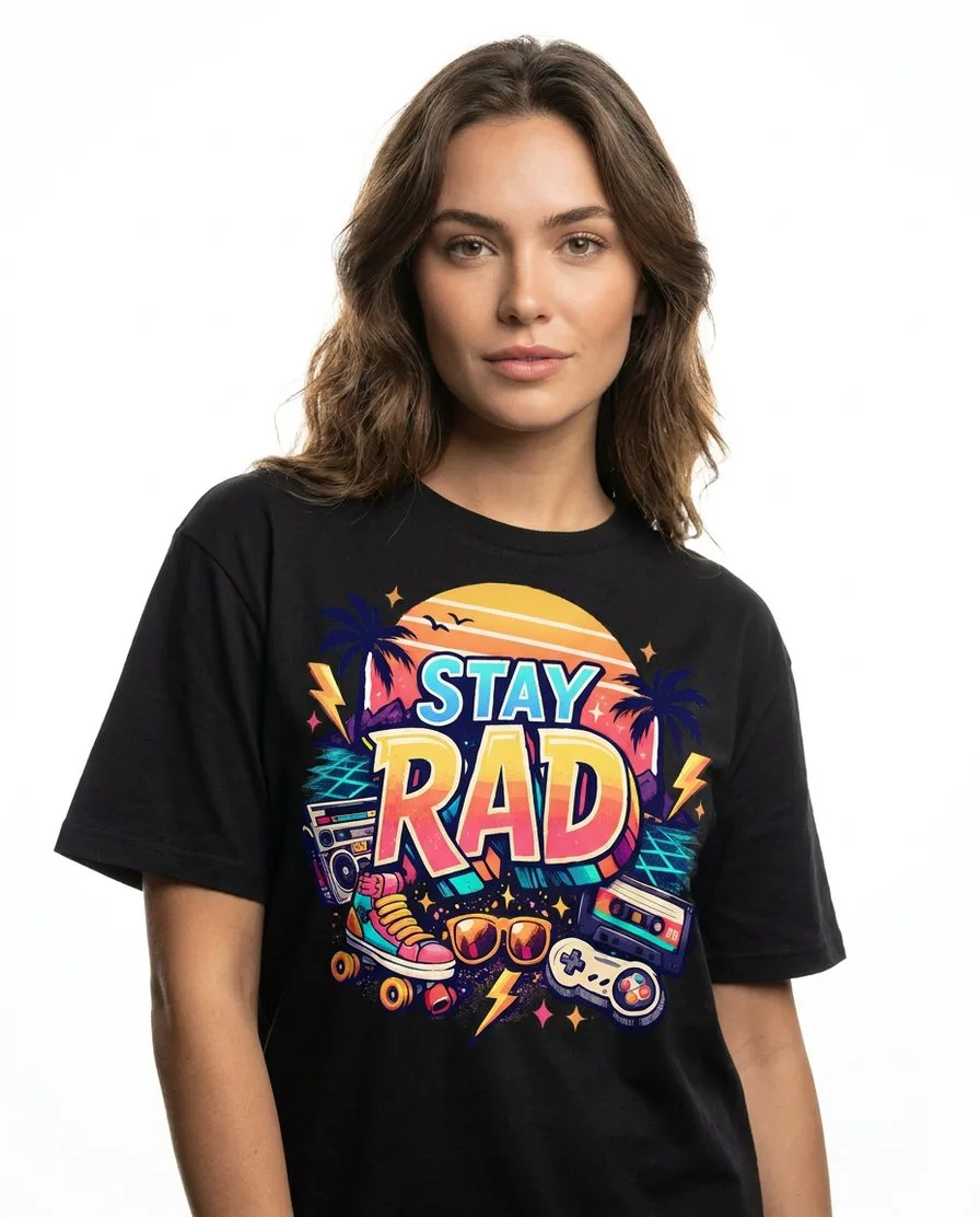 AI photoshoot: a woman wearing a black Stay Rad t-shirt