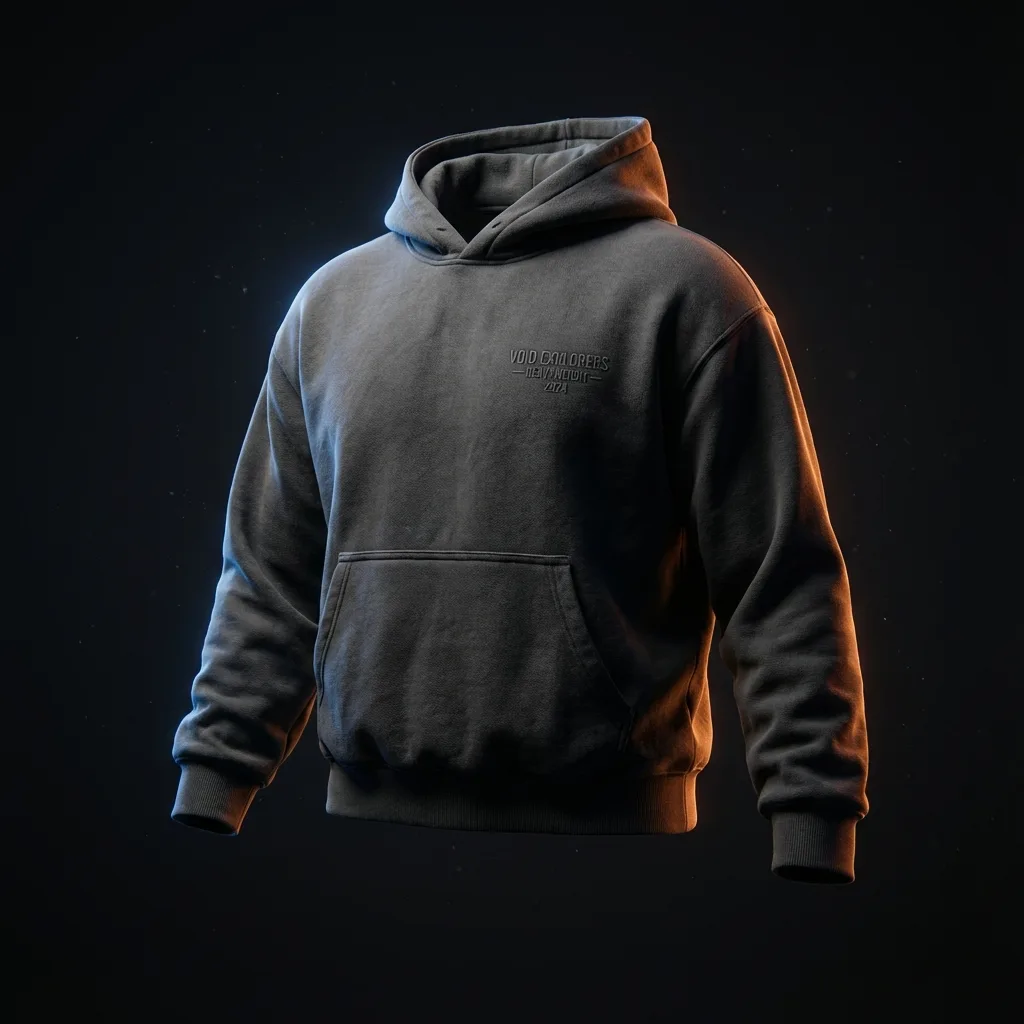 3D clothing mockup of a charcoal hoodie, lit from the side in blue and orange, on a black background