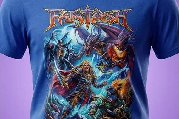The same blue Faustash t-shirt, crisp, on a purple studio background from the AI photo background changer
