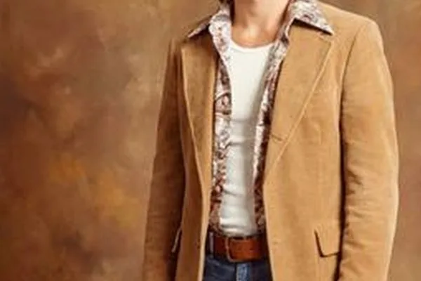AI clothes changer result: a man in a tan suede blazer, patterned open-collar shirt and jeans on a painted backdrop