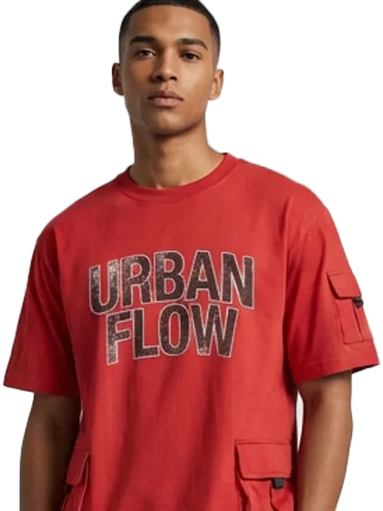 AI design: a man wearing a red URBAN FLOW cargo t-shirt