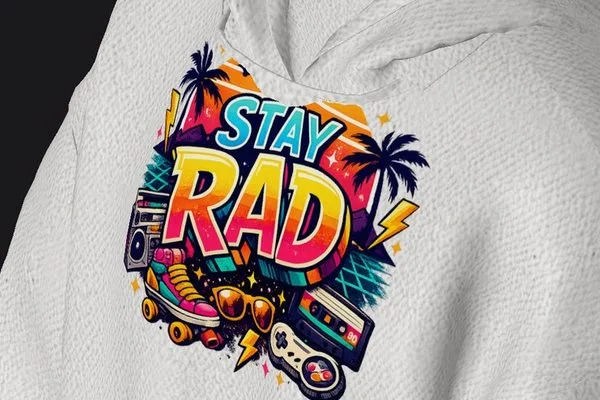 3D hoodie mockup: the Stay Rad logo on a white hoodie