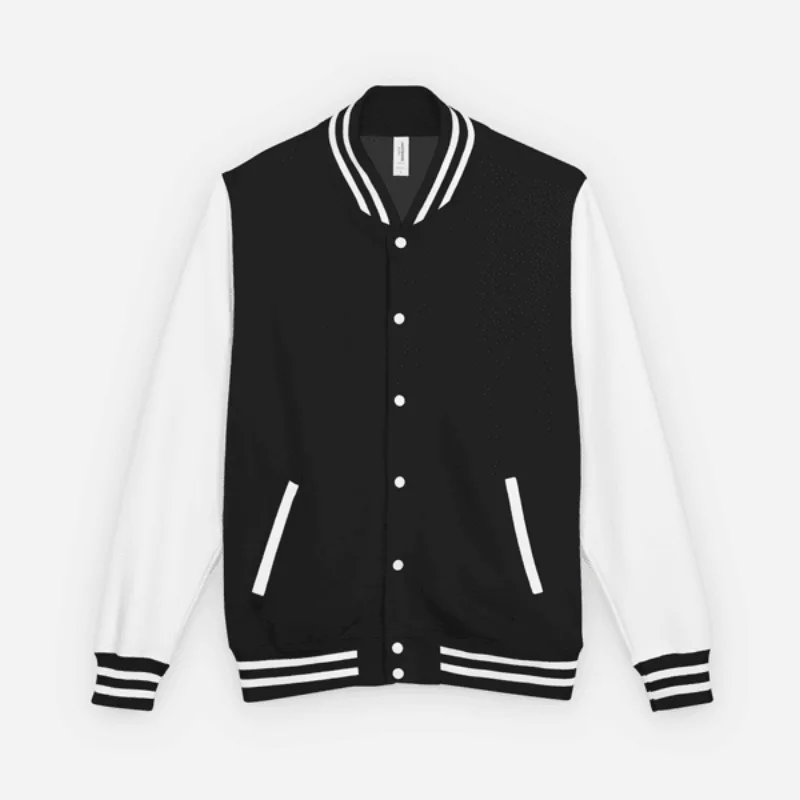 3D jacket mockup: a black and white varsity jacket