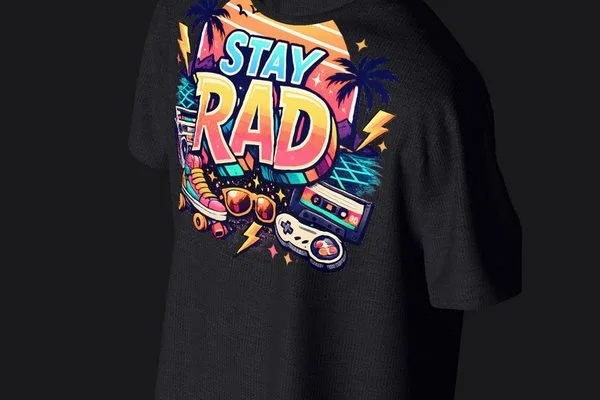 The Stay Rad logo on a black t-shirt, 3D render